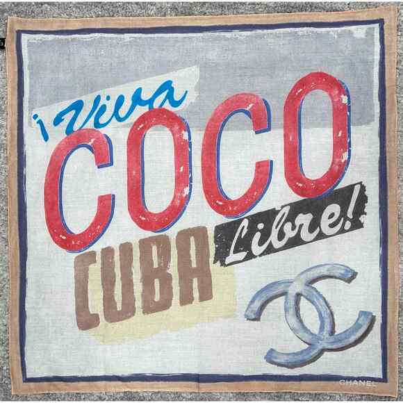 Chanel 17C Coco Cuba CC Beige Graffiti Cotton Bandana Handkerchief Scarf Wrap